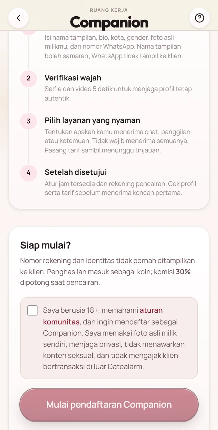 Persetujuan aturan dan tombol Mulai pendaftaran Companion di Ruang Companion