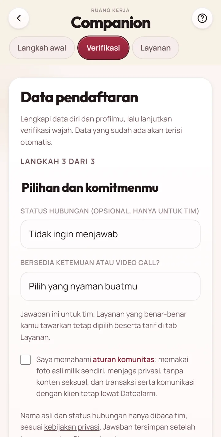 Langkah ketiga formulir: kesediaan, persetujuan aturan, dan tombol Simpan jawaban