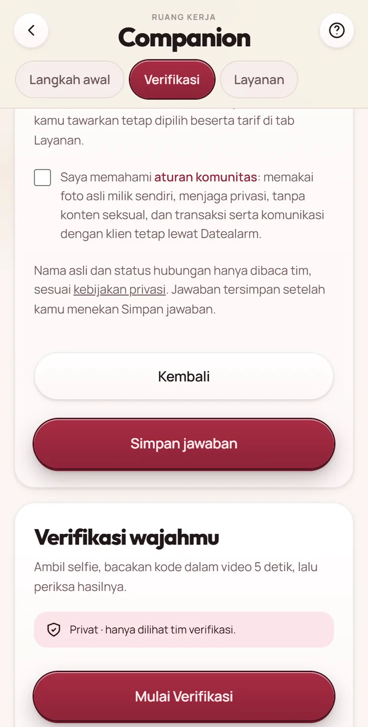 Kartu Verifikasi wajahmu dengan tombol Mulai Verifikasi dan penjelasan privasi
